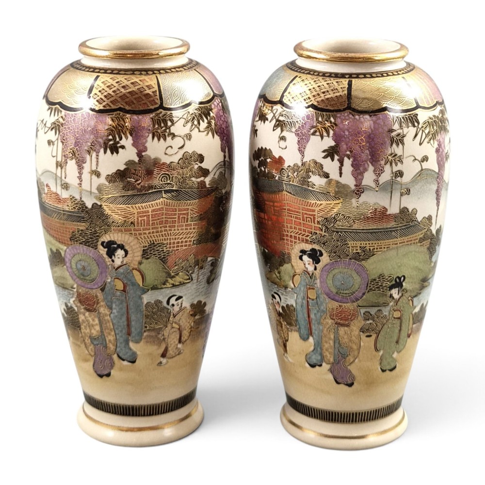 Pair of Japanese Shozan Satsuma Vases with Women and Children, c.1900-1910