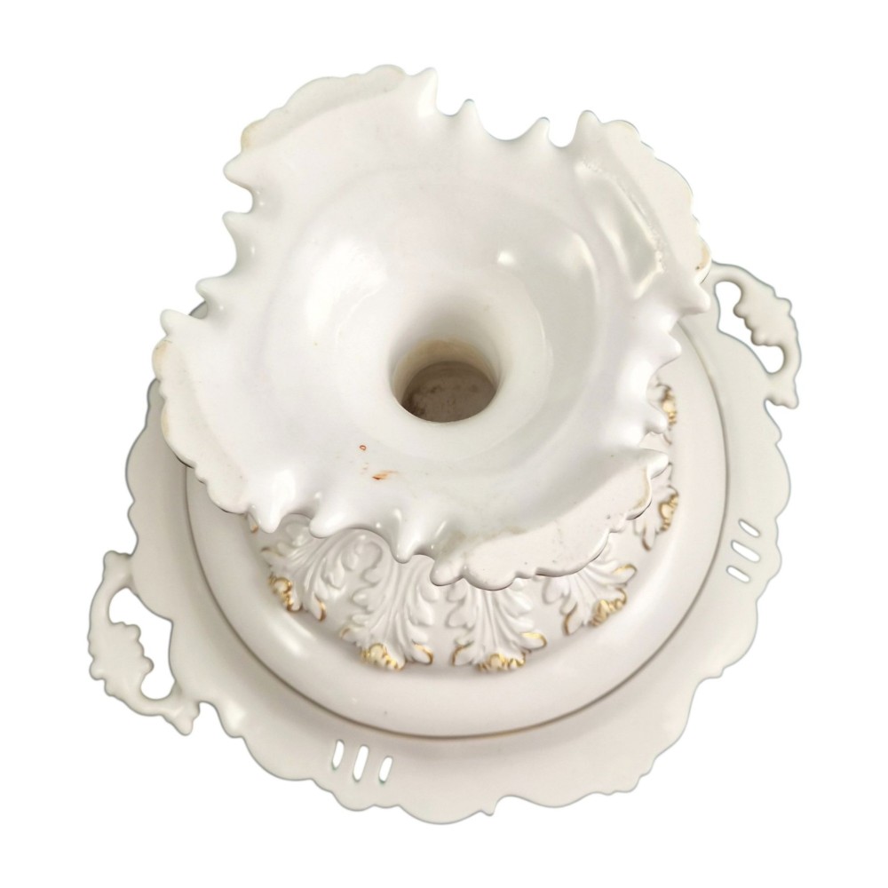 A Victorian Coalport bone china tazza featuring a turquoise border, central floral motif, gilded scroll accents, and a footed stem base. View XI
