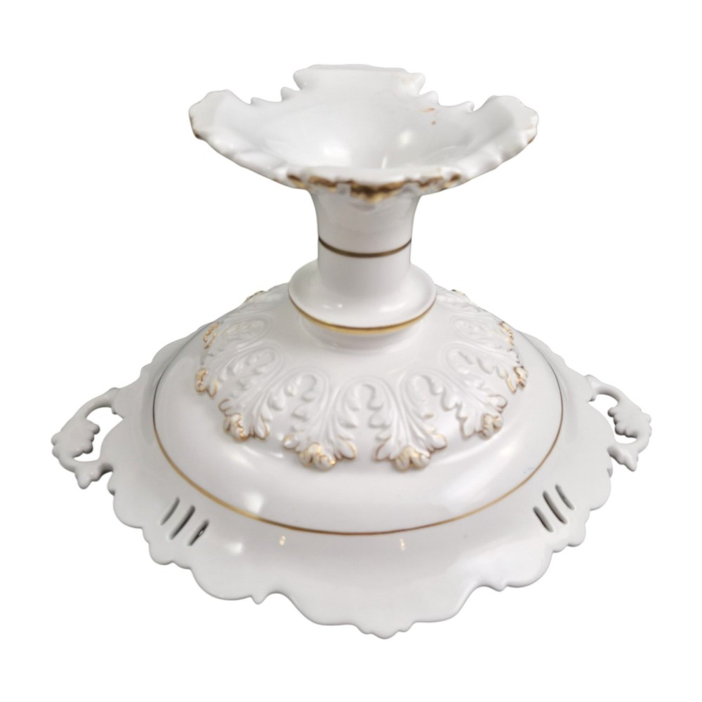 A Victorian Coalport bone china tazza featuring a turquoise border, central floral motif, gilded scroll accents, and a footed stem base. View XII