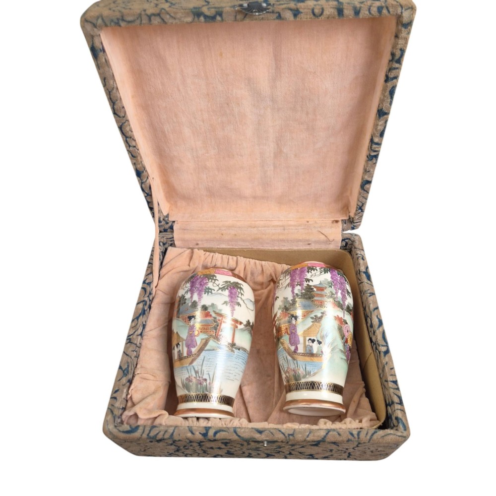 A pair of cream ceramic Satsuma vases decorated with hand-painted scenes of purple wisteria, figures in boats, and pagodas with gilded highlights. View III