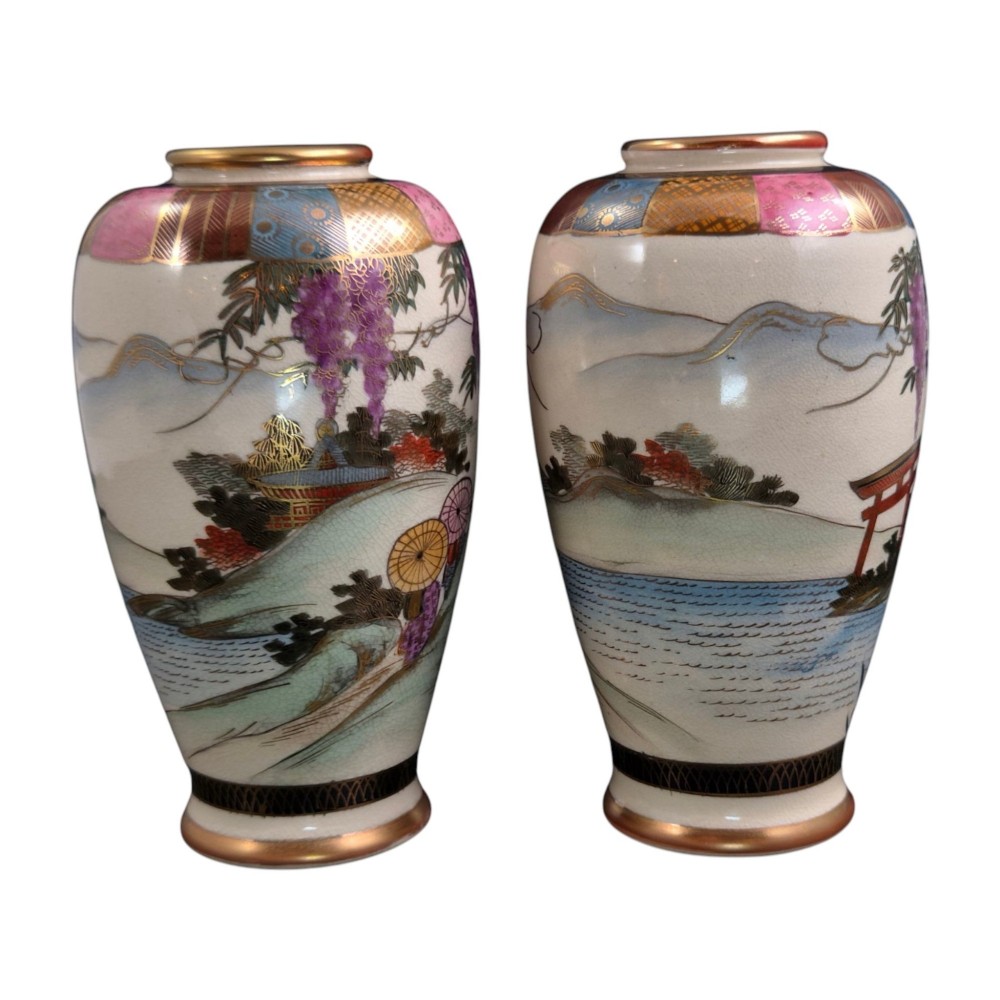 A pair of cream ceramic Satsuma vases decorated with hand-painted scenes of purple wisteria, figures in boats, and pagodas with gilded highlights. View VIII