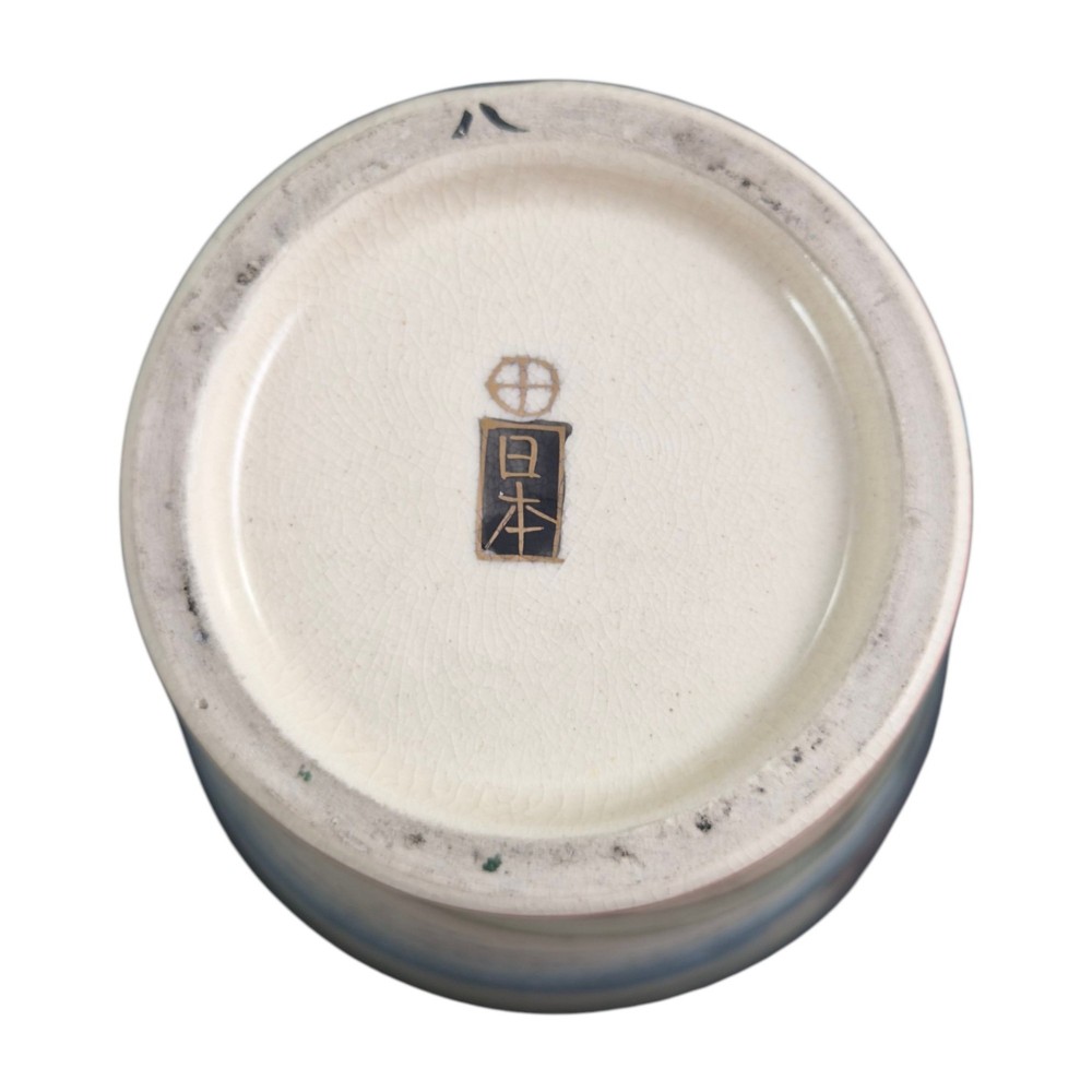 A pair of cream ceramic Satsuma vases decorated with hand-painted scenes of purple wisteria, figures in boats, and pagodas with gilded highlights. View XIV
