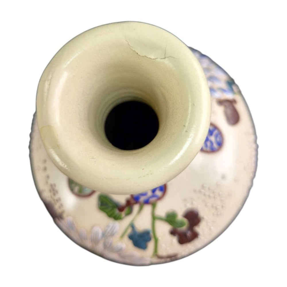 A pair of Japanese Satsuma earthenware vases decorated with raised moriage enamel chrysanthemums on a cream crackle background. View XI