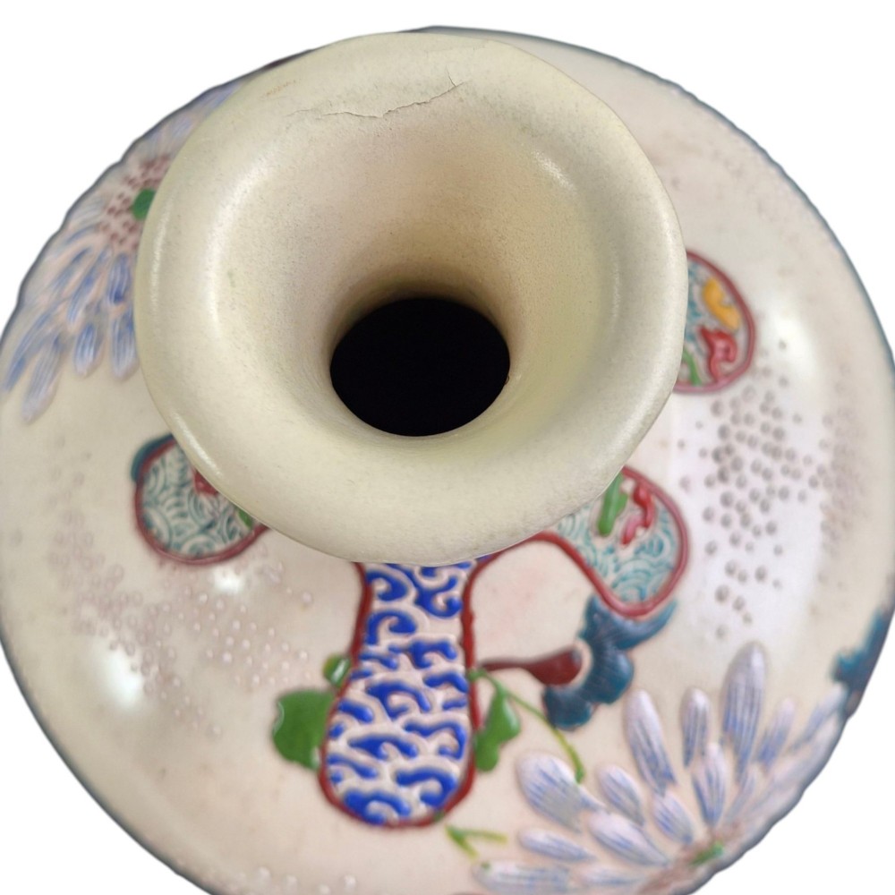 A pair of Japanese Satsuma earthenware vases decorated with raised moriage enamel chrysanthemums on a cream crackle background. View XIII