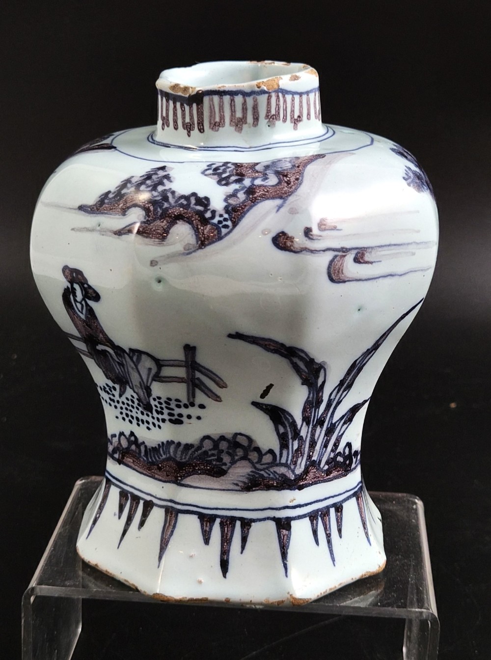 An octagonal antique Dutch Delft tin-glazed earthenware baluster vase painted in blue and manganese depicting a Chinese scholar. View II