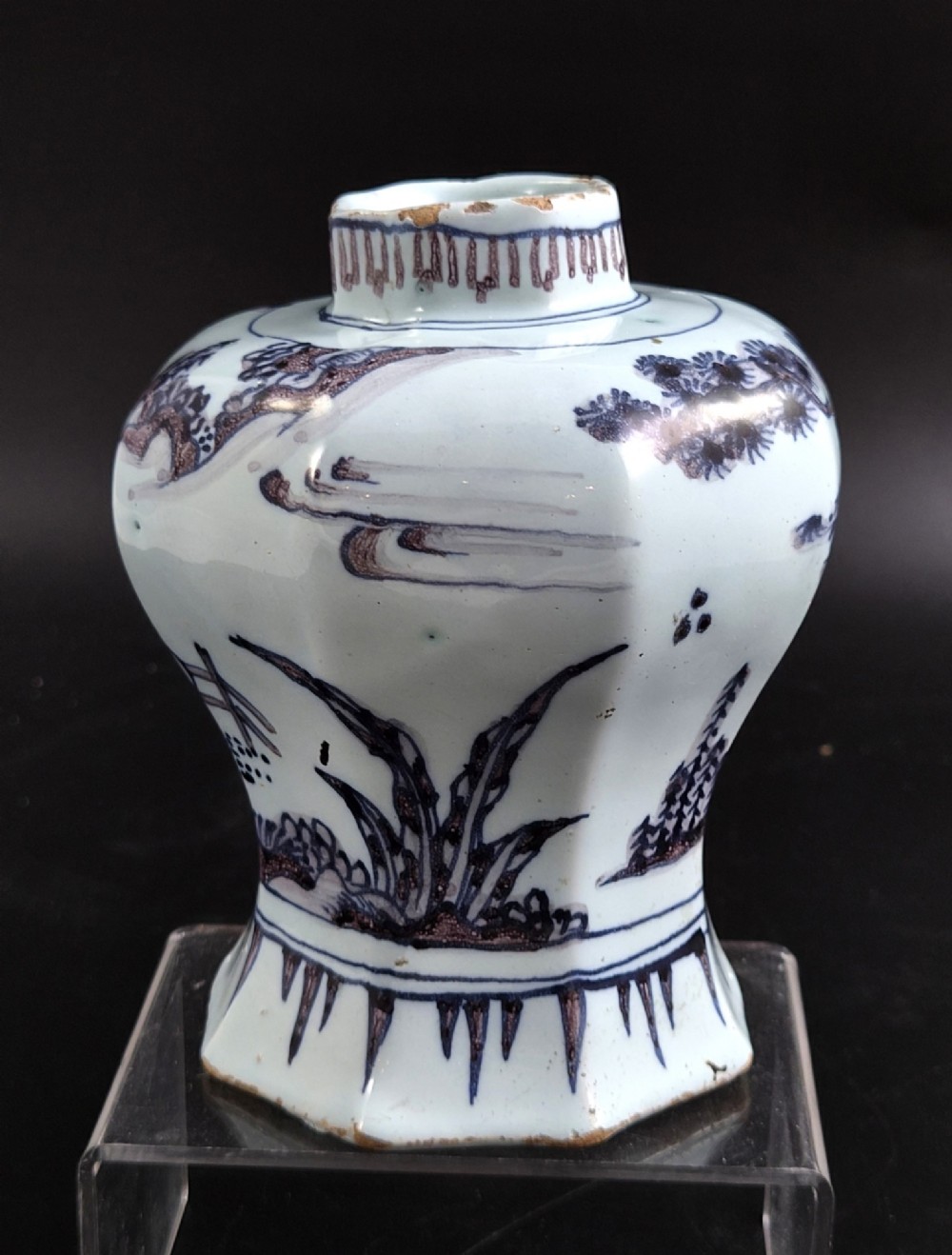 An octagonal antique Dutch Delft tin-glazed earthenware baluster vase painted in blue and manganese depicting a Chinese scholar. View III