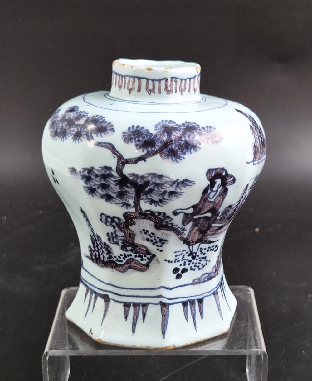 An octagonal antique Dutch Delft tin-glazed earthenware baluster vase painted in blue and manganese depicting a Chinese scholar. View V