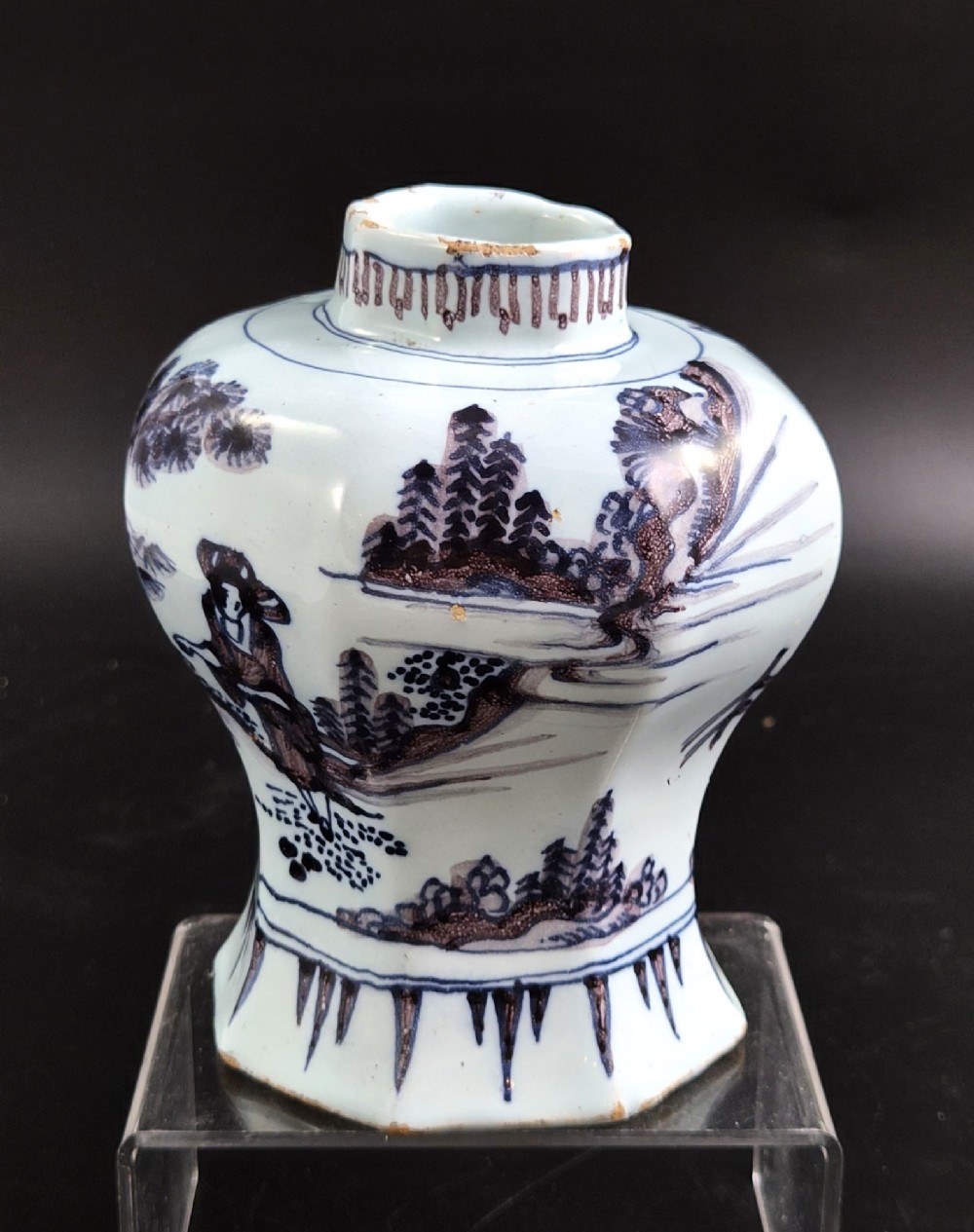 An octagonal antique Dutch Delft tin-glazed earthenware baluster vase painted in blue and manganese depicting a Chinese scholar. View VI