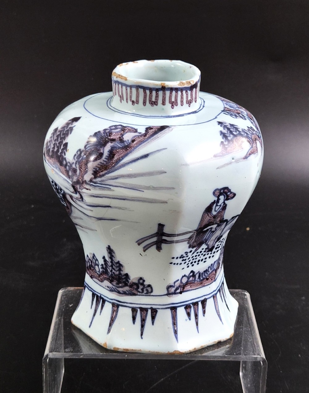 An octagonal antique Dutch Delft tin-glazed earthenware baluster vase painted in blue and manganese depicting a Chinese scholar. View VII