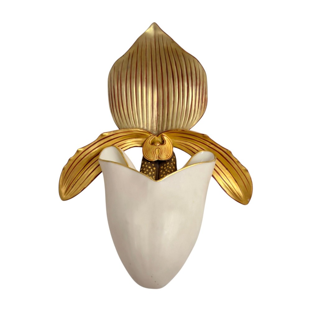 A pair of 1886 Royal Worcester ivory porcelain wall pockets shaped like ladys slipper orchids with gold gilded highlights. View VII