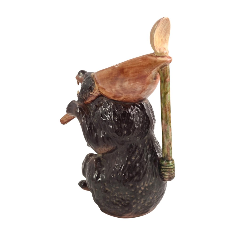 A set of three graduating Victorian majolica syrup jugs sculpted in the form of seated bears with pink glazed interiors. View X