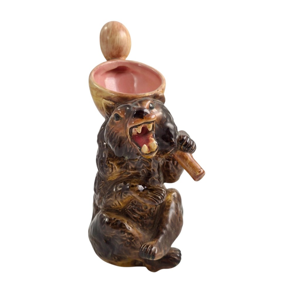 A set of three graduating Victorian majolica syrup jugs sculpted in the form of seated bears with pink glazed interiors. View XIII