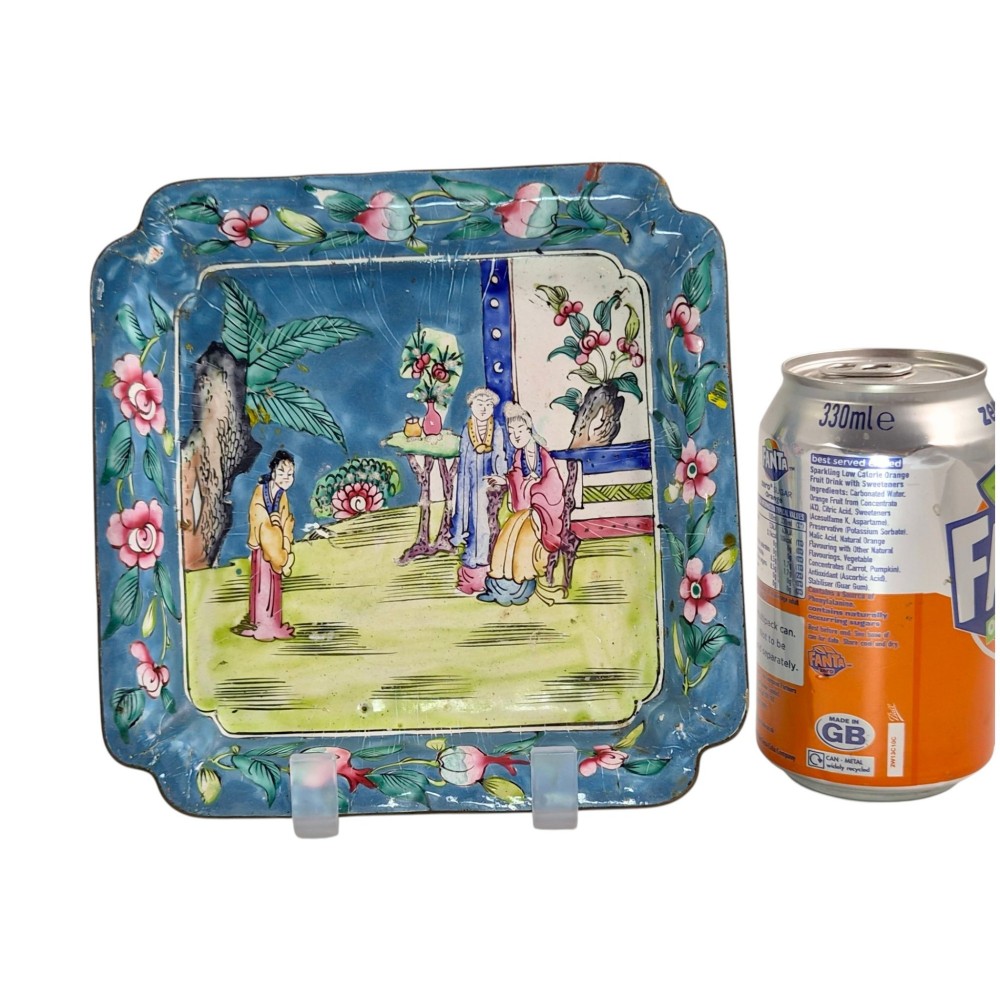 An 18th-century square Chinese Canton enamel dish featuring a blue floral border and a central hand-painted figural scene. View III