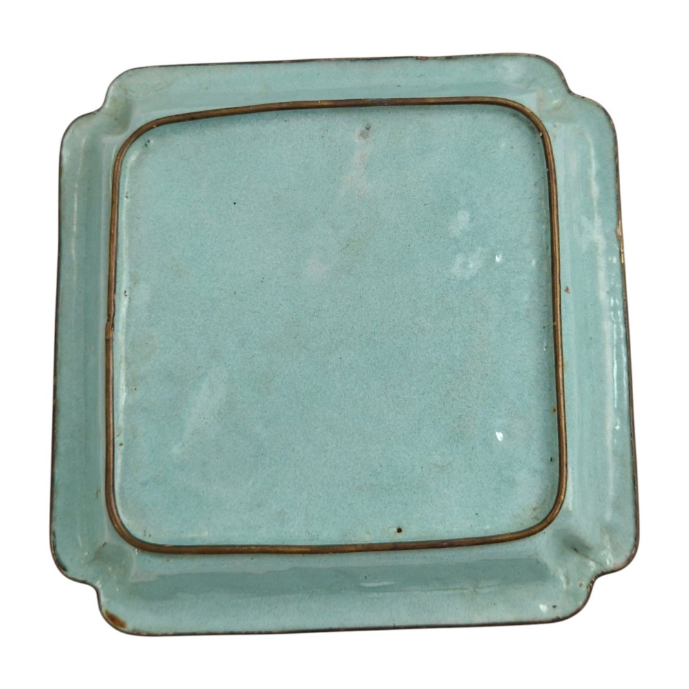 An 18th-century square Chinese Canton enamel dish featuring a blue floral border and a central hand-painted figural scene. View VI