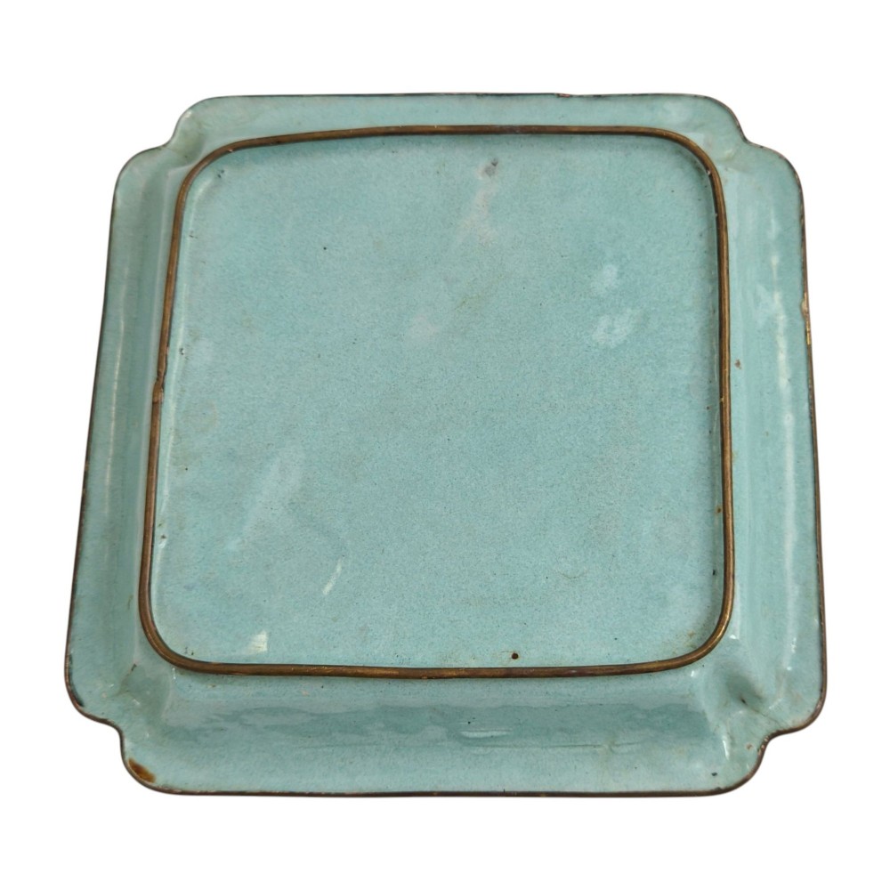 An 18th-century square Chinese Canton enamel dish featuring a blue floral border and a central hand-painted figural scene. View VII