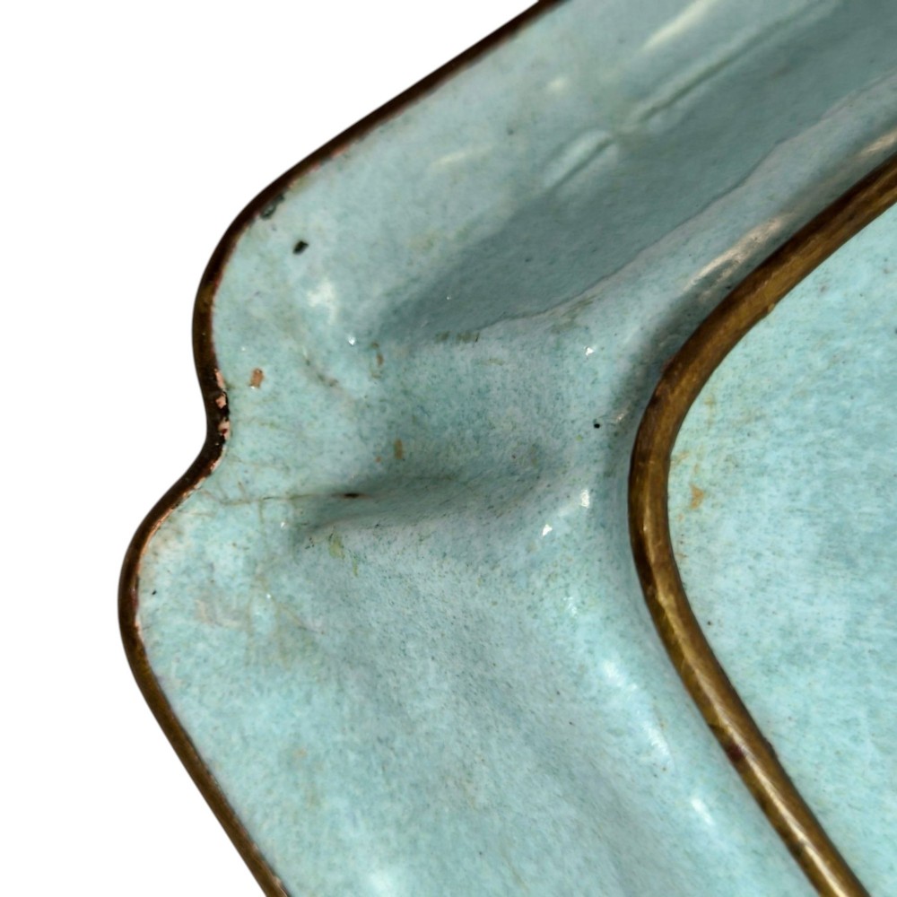 An 18th-century square Chinese Canton enamel dish featuring a blue floral border and a central hand-painted figural scene. View IX