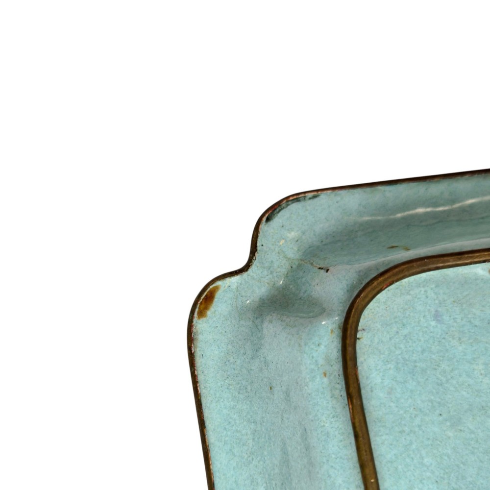 An 18th-century square Chinese Canton enamel dish featuring a blue floral border and a central hand-painted figural scene. View X