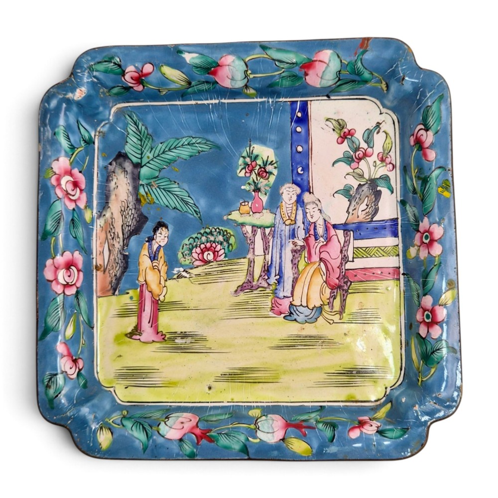 An 18th-century square Chinese Canton enamel dish featuring a blue floral border and a central hand-painted figural scene. View XII