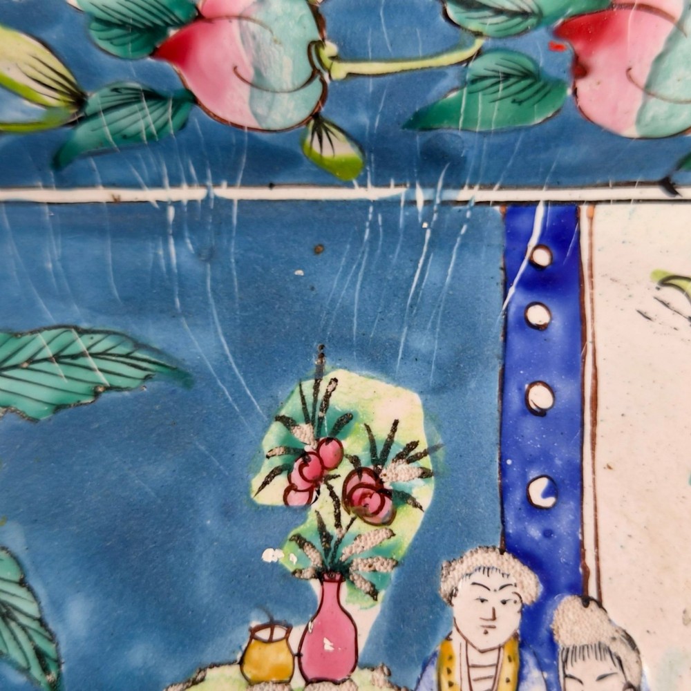 An 18th-century square Chinese Canton enamel dish featuring a blue floral border and a central hand-painted figural scene. View XIV