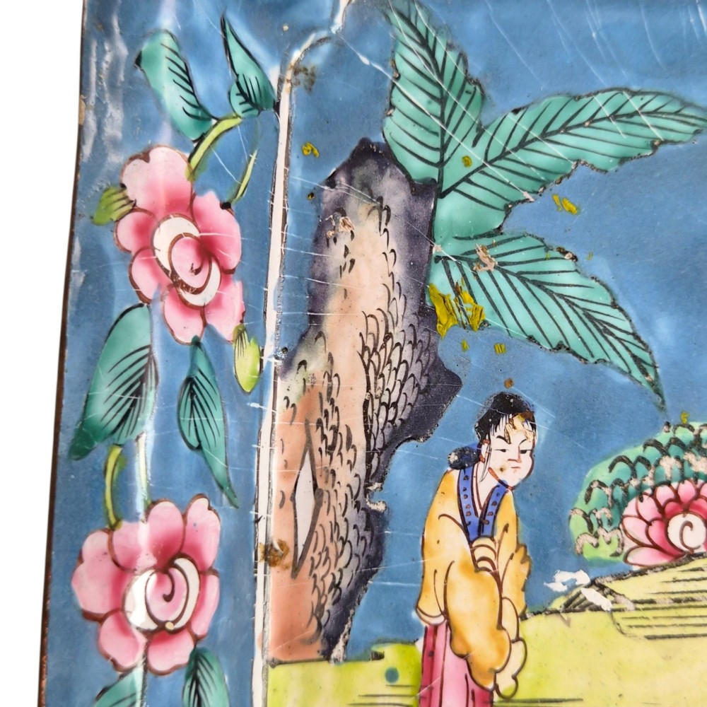An 18th-century square Chinese Canton enamel dish featuring a blue floral border and a central hand-painted figural scene. View XV