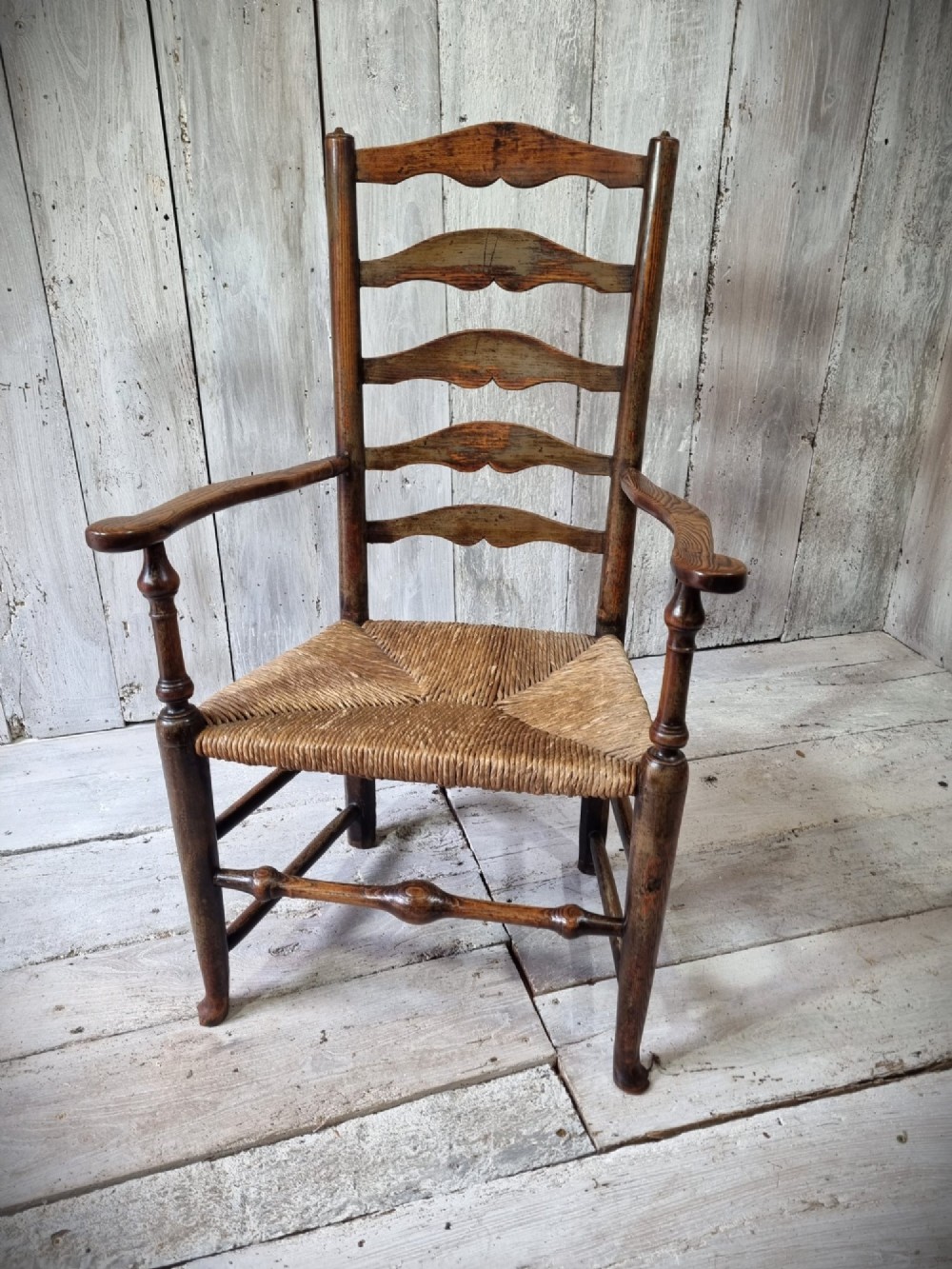 Cheshire Ladder Back Rush Seated Arm Chair in Painted Ash, Circa 1800