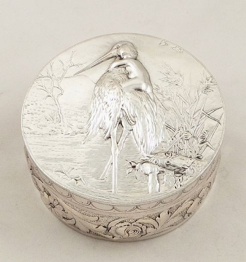 Antique German Silver Christening Box - Stork & Baby - Schleissner & Sohne C1880