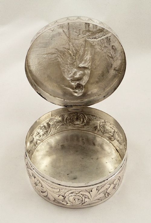 fig 1. Antique German Silver Christening Box - Stork & Baby - Schleissner & Sohne c1880