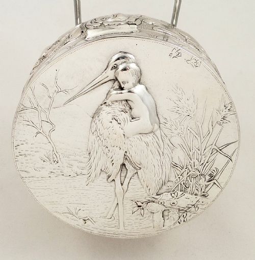 fig 2. Antique German Silver Christening Box - Stork & Baby - Schleissner & Sohne c1880