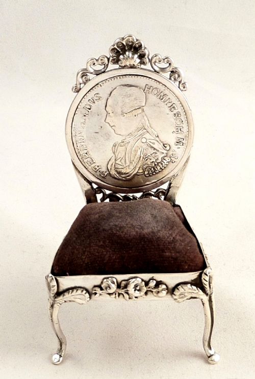 Unusual Antique Silver Chair Pin Cushion with Coin