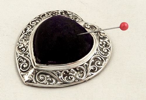 Antique Edwardian Sterling Silver Heart Pin Cushion 1903