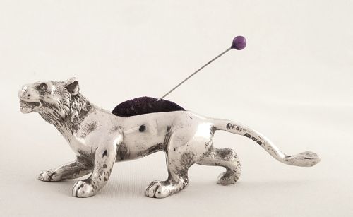 Unusual Antique Sterling Silver Lioness Pin Cushion 1907