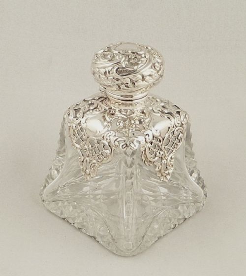 Antique Victorian Glass & Sterling Silver Overlay Perfume Bottle - 1898