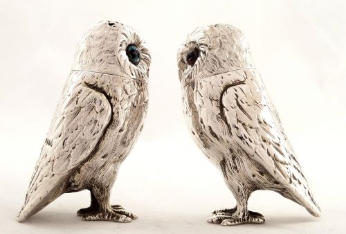 fig 1. Pr Antique Victorian Sterling Silver Owl Salt & Pepper Pots - 1860