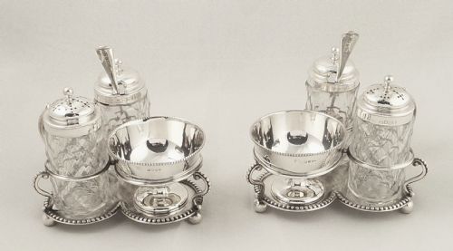 Pr of Victorian Sterling Silver & Glass Cruet Sets in Stands 1859
