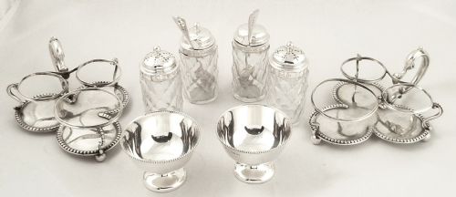 fig 1. Pr of Victorian Sterling Silver & Glass Cruet Sets in Stands 1859