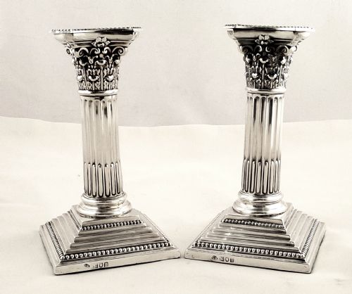 Pr Antique Edwardian Sterling Silver 6 1/2" Candlesticks 1903