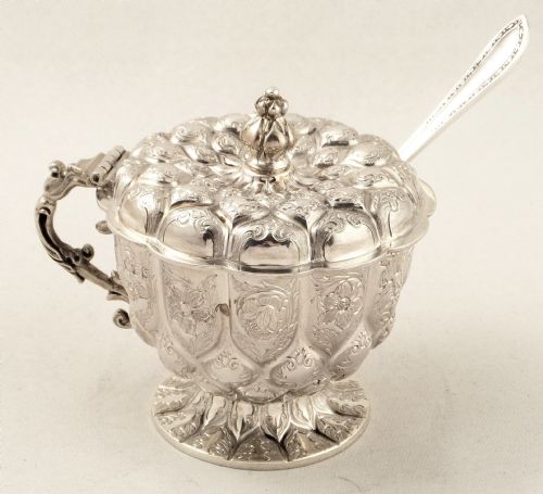Unusual Antique Sterling Silver Mustard & Spoon 1911