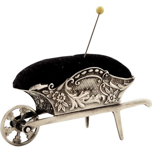 Antique Edwardian Sterling Silver Wheelbarrow Pin Cushion 1909