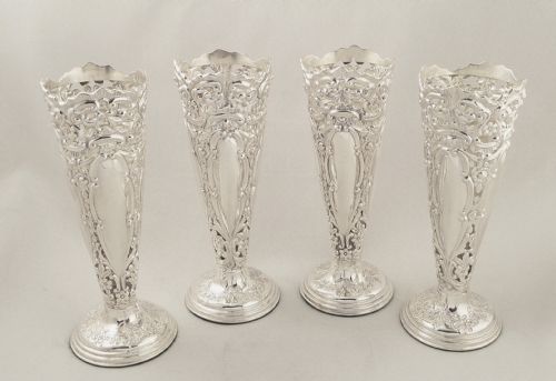 Set 4 Antique Victorian Sterling Silver 6" Vases 1899