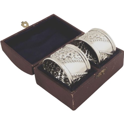 Pr Antique Victorian Sterling Silver Napkin Rings in Case - 1894