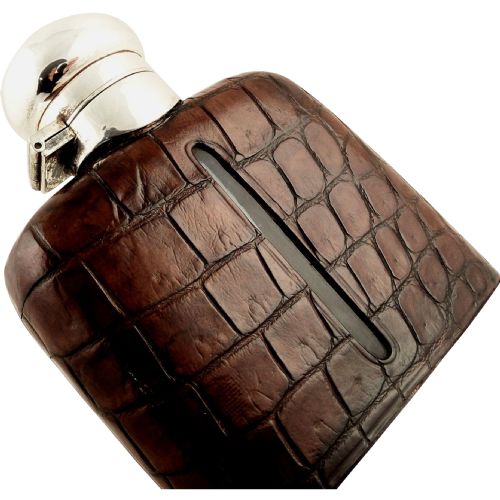 Antique Crocodile Leather & Silver Plated 6 1/2" Hip Flask C1900