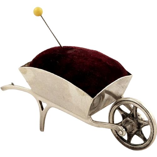 Antique Edwardian Sterling Silver Wheelbarrow Pin Cushion 1908