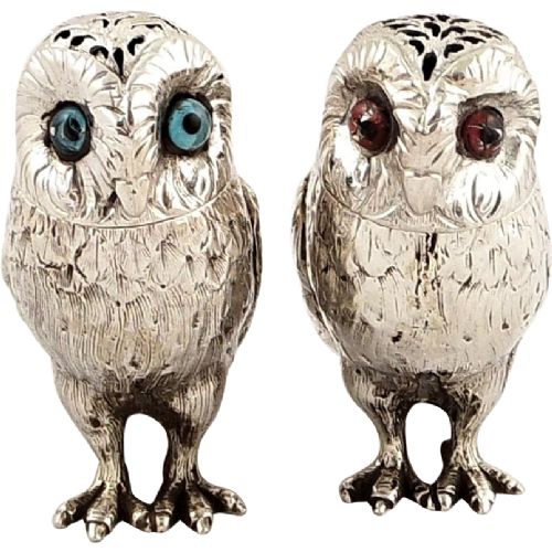 Pr Antique Victorian Sterling Silver Owl Salt & Pepper Pots - 1860
