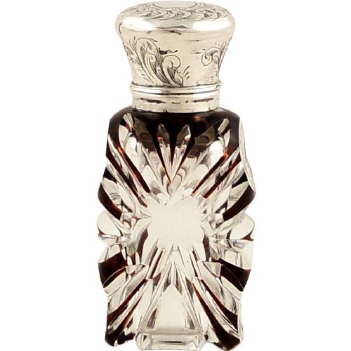 Antique Victorian Perfume Overlay & Silver Perfume Bottle C1880