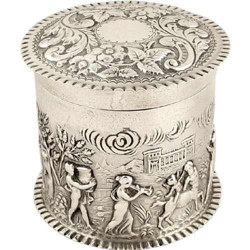 Antique Victorian Sterling Silver Vanity Pot with Musical Scenes 1899