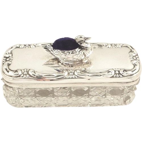 Antique Edwardian Sterling Silver & Glass Jar with Duck Pin Cushion 1909