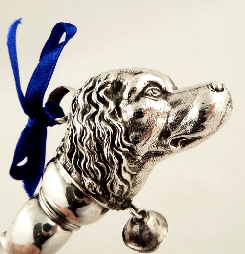 Antique Edwardian Sterling Silver 'Dog' Baby Rattle 1906 - Spaniel