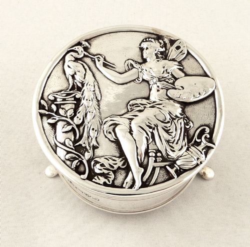 Antique Art Nouveau Sterling Silver Trinket Box 1909 - Peacock / Fairy