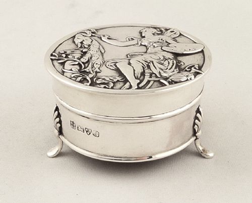 fig 1. Antique Art Nouveau Sterling Silver Trinket Box 1909 - Peacock / Fairy