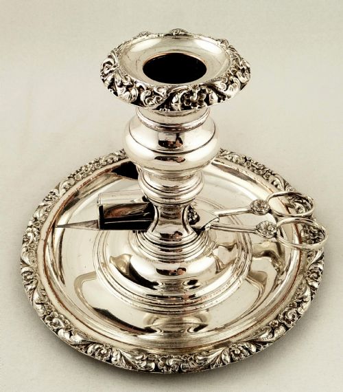 fig 1. Antique Regency Sheffield Plate Chamberstick with Scissors & Snuffer c1820